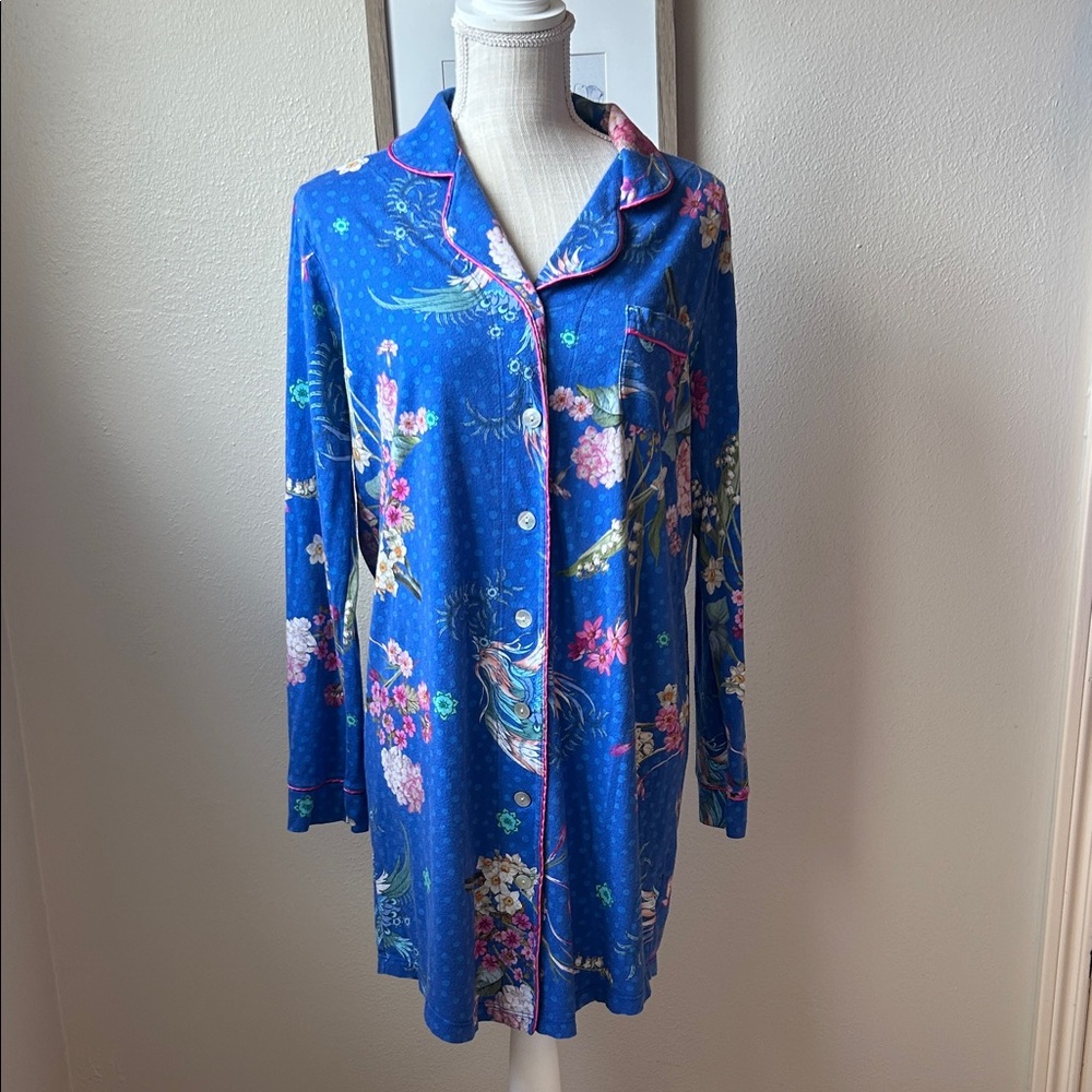 Johnny Was Button Sleepshirt Cotton Modal 
Birds Floral Size Small